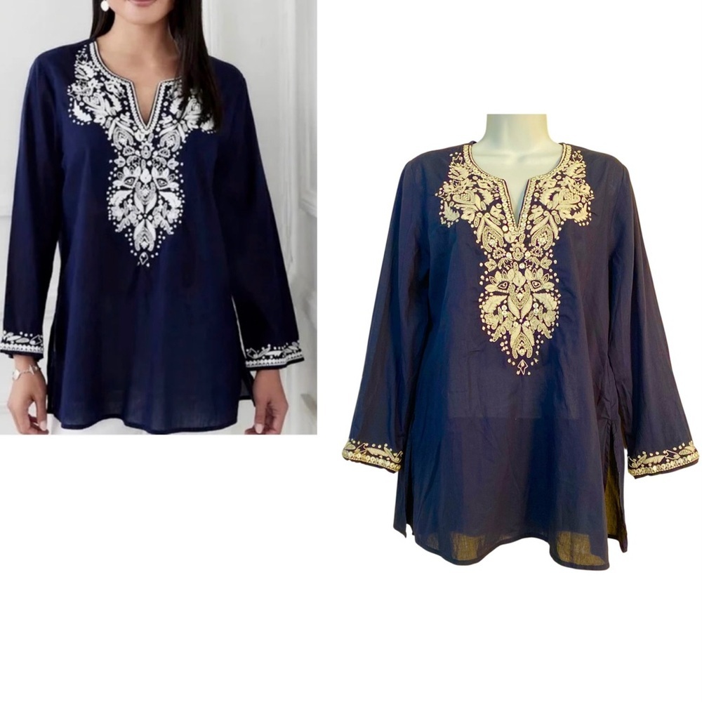 Karen Kane Navy Embroidered Tunic Top Size XS Cotton Summer Vacation Oversized